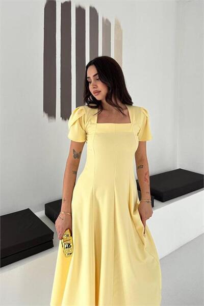 Neşeli Butik Women's Yellow Square Collar Balloon Sleeve Midi Length Dress Nb...