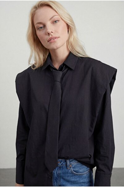 MODAMERSİ Women's Black Tie-Detail Shirt