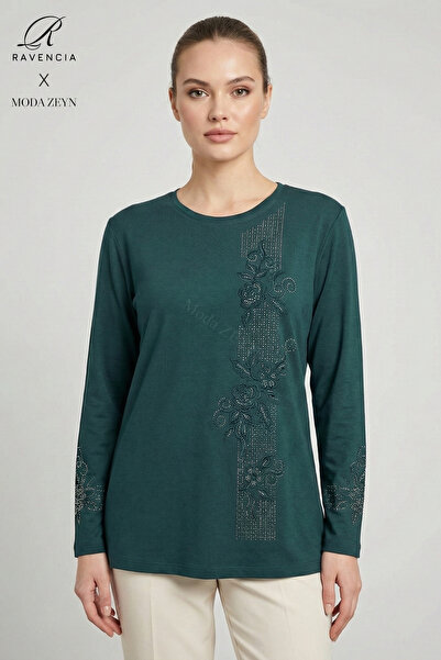 Ravencia Women's Stripe Patterned Collar and Skirt Stoned Embroidered Slit Ly...