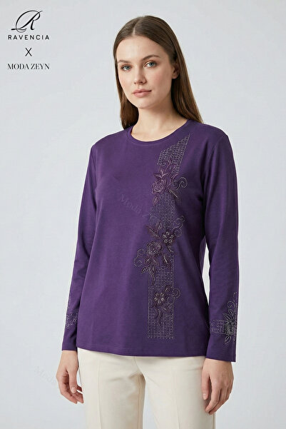 Ravencia Women's Stripe Patterned Collar and Skirt Stoned Embroidered Slit Ly...