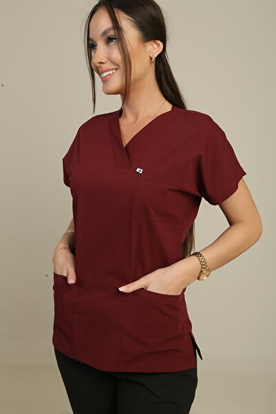 DENİZ İŞ Women's Alpaca Single Top Scrubs - Burgundy