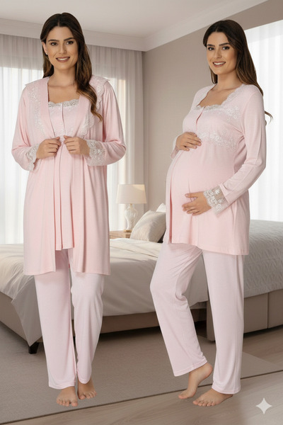lohusahamile Lace Dressing Gown Cotton Long Sleeve Maternity Pajama Set