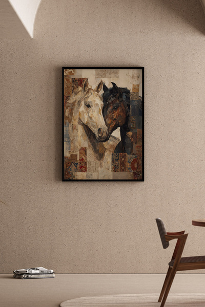 Artiera Mozaik Yağlı Boya Güçlü At Resmi, Etnik Dekoratif Ofis - Ahşap Çerçev...