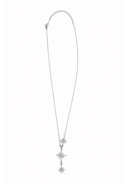 Trend Alaçatı Stili Women's Silver Zircon Stone 3-Piece Star Set Chain Neckla...