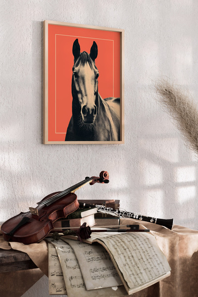 Artiera Ζωγραφική με θέμα άλογο με κοραλλιογενές φόντο, Μοντέρνο Διακοσμητικό...