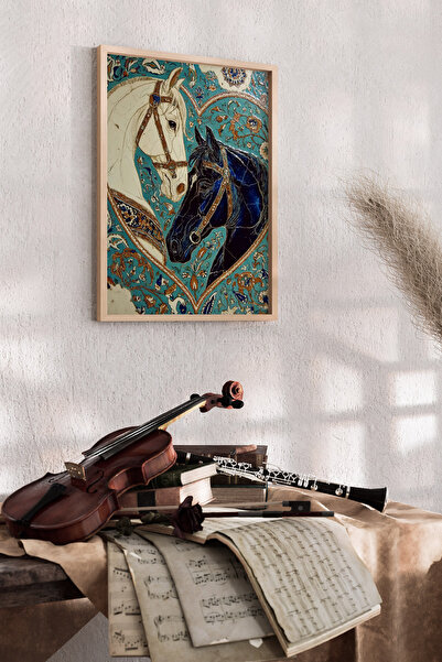 Artiera Ζωγραφική σε στυλ Ιζνίκ με τιρκουάζ άλογο, έθνικ διακοσμητικό σαλόνι ...