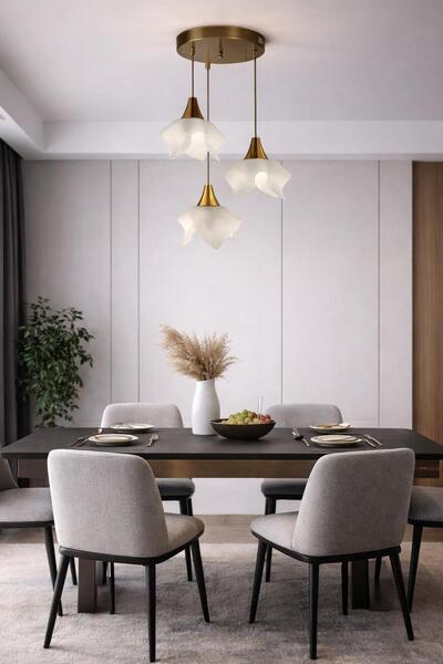 BİAVİZE BEYAZ DALGALI CAMLI GOLD KROMLU 3LÜ SARKIT AVİZE