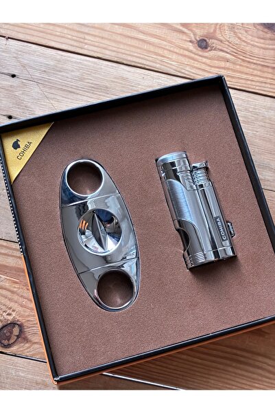 COHİBA Puro V Kesici ve 2Pürmüz Çakmak Dahili delicili Şık Tasarım Gümüş Renk...