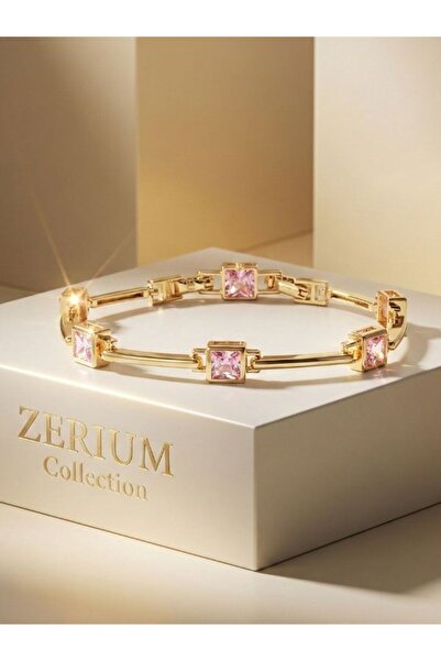 ZERİUM Pink Square Stone Vip Women's Bracelet Geometric Stylish Design