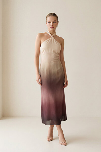 Setre Krem Boyun Detaylı Geçişli Desenli Kumaş Midi Boy Rahat Kesim Elbise