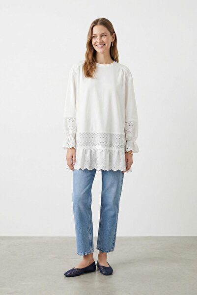 Puane Women's Ruffle Detailed Crew Neck Tunic - 10773Tun - Ecru