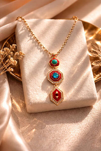 staınless steel Kadın Altın Renk Zincirli Turkuaz Taşlı Kırmızı Mineli Uzun K...