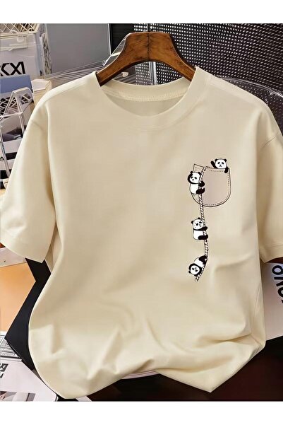 Oksit Cute Panda Graphic Drawstring Pocket Detailed Short Sleeve Oversize Uni...