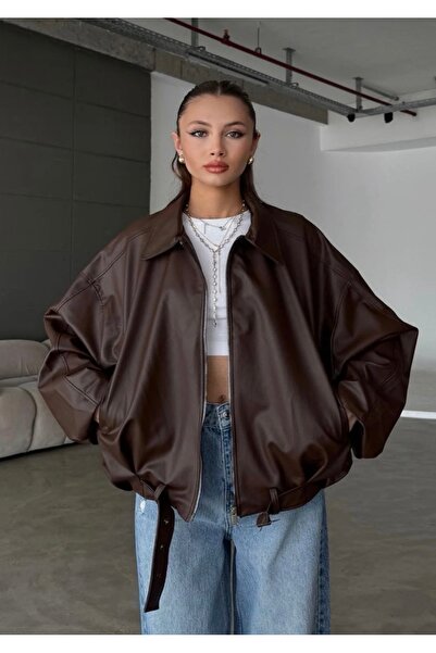 Rowsmen  Kadın Oversize KAHVERENGİ Deri Ceket– Oversize Relax Fit, Fermuarlı Kemer Detaylı Günlük Kadın Ceket
