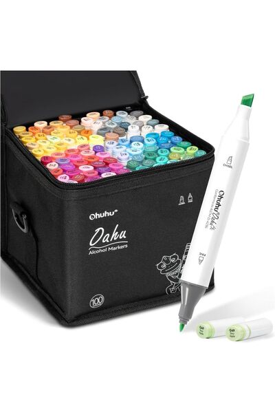 Dotail Комплект спиртни маркери Ohuhu Oahu, 100 цвята + блендер, Двуспален вр...