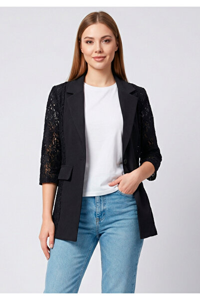 Little Visqon Kadın Siyah Kolu Dantelli Blazer Ceket