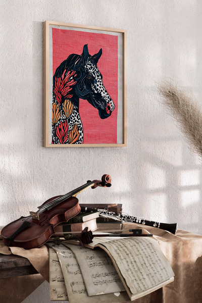 Artiera Εικόνα αλόγου σχεδιασμένη στο χέρι από κοράλλια, με μοτίβο λουλουδιών...