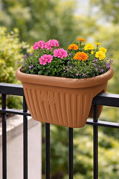 Binbirreyon Balkon Demirine Geçme Saksı Balkon Saksısı Oluklu Saksı 33cm Kahv...