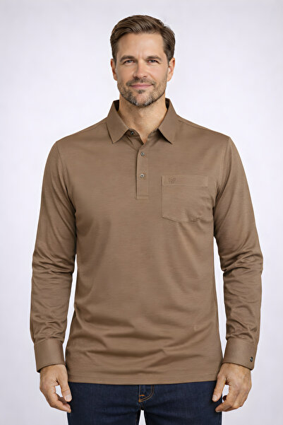 YAKAMEL Men's Shirt Collar Long-Sleeved Shoulder Pad Sleeve Cuffed T-Shirt