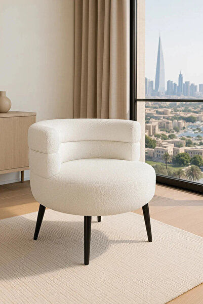 Evatilyoo Modern White Bouclé Barrel Chair – Round Padded Backrest Armchair F...