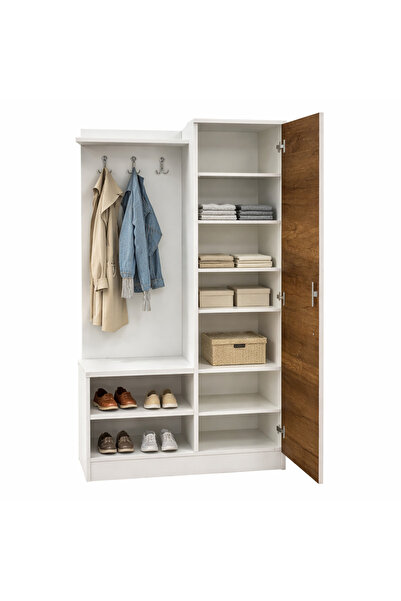 Ofisbazaar Cuier pentru hol cu dulap și rafturi pentru pantofi – Alb cu ușă decor lemn 35x90x180 cm