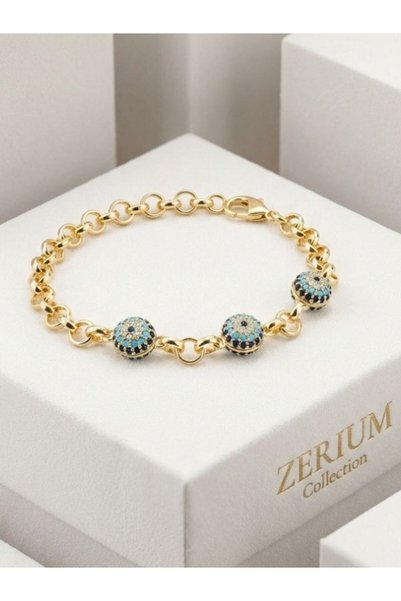 ZERİUM Nazar Boncuklu Elegant Women's Vip Bracelet Blue Zircon