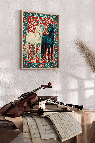Artiera Κόκκινο Τυρκουάζ Πίνακας Λαϊκής Τέχνης με Άλογα, Εθνικό Διακοσμητικό ...