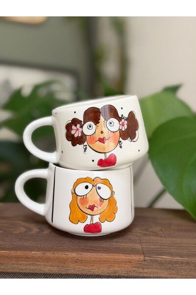 DDHANDMADE 2'li El Yapımı El Çizimli Kızlı Çay Americano Kahve Fincanı Kupası...