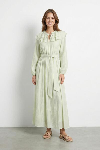 Soul Women's Ruffle Collar Belted Dress - 32488Elb - Almond Green