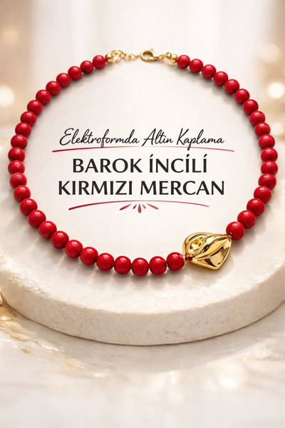 Cunda Doğal Taş Design Mercan Doğal Taş Kolye Barok İnci Detaylı