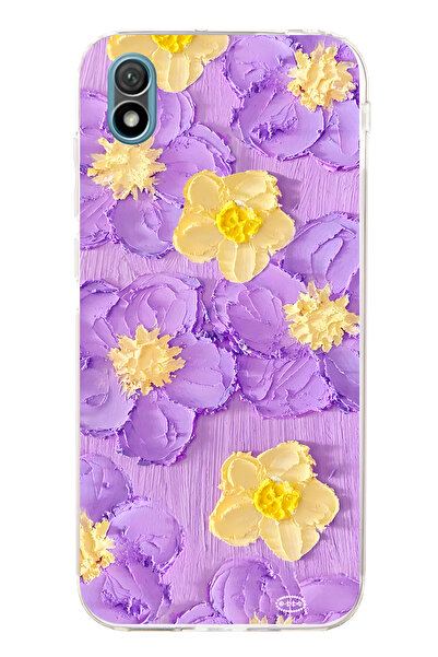 FLAMENKO حافظة هاتف شفافة متوافقة مع هاتف هواوي Y5 2019 بنمط زهرة صفراء أرجوانية