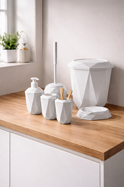 Padilon Geometric Patterned 5-Piece Bathroom Set Trash Can Toilet Brush Liqui...