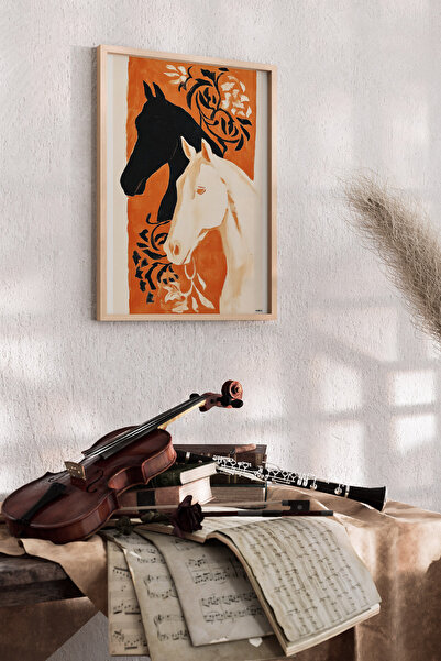 Artiera Πορτοκαλί και μαύρος μοντέρνος παραδοσιακός πίνακας με άλογα, διακοσμ...
