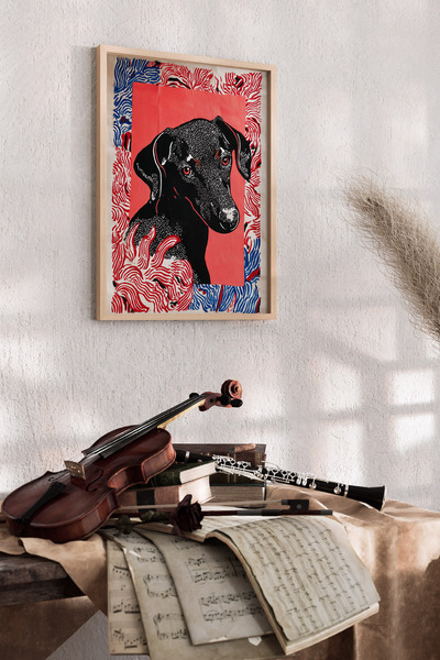 Artiera Ζωγραφική τοίχου με μοτίβο λουλουδιών κοραλλιών και μαύρο σκυλί, ζωγρ...