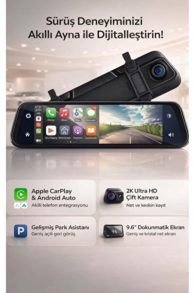 FaroxTech Kablosuz CarPlay Destekli Akıllı Dikiz Aynası - 9.6 İnç Dokunmatik ...