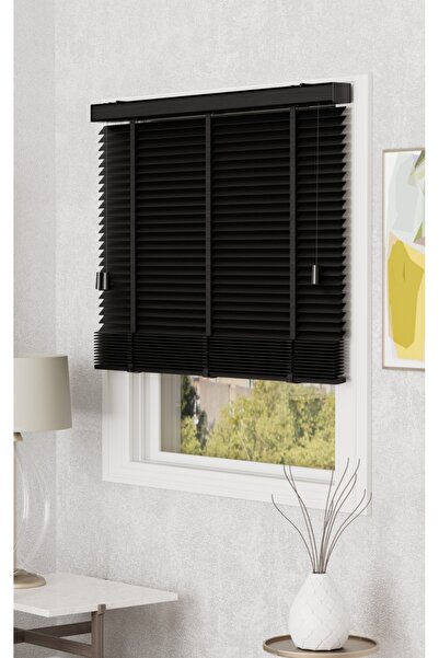 MEGALUX % 100 Doğal Ahşap Jaluzi Siyah Renk 50 mm Kurdeleli İp Çekme Sistem