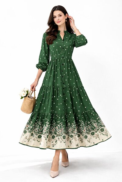 Sfg Life Moda Women's Full Button Front Crew Neck Floral Dress Valor