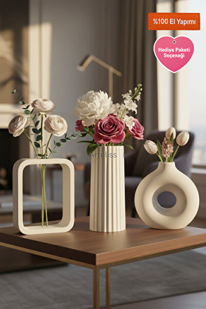 Arteliss 3’lü Midi Vazo Seti – İskandinav Tarz Modern Dekoratif Masa Üstü Sal...