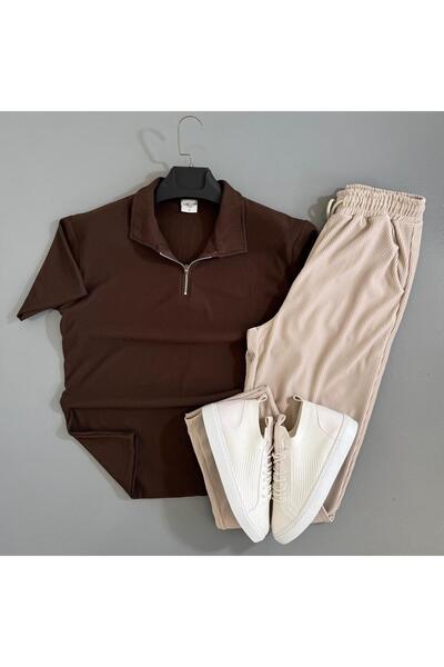 WENMİNG Men's Ribbed Ottoman Fabric T-Shirt Pants Summer Top and Bottom Combi...