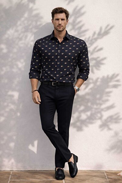 Louis Fabel Navy Blue Geometric Patterned Long Sleeve Men's Shirt