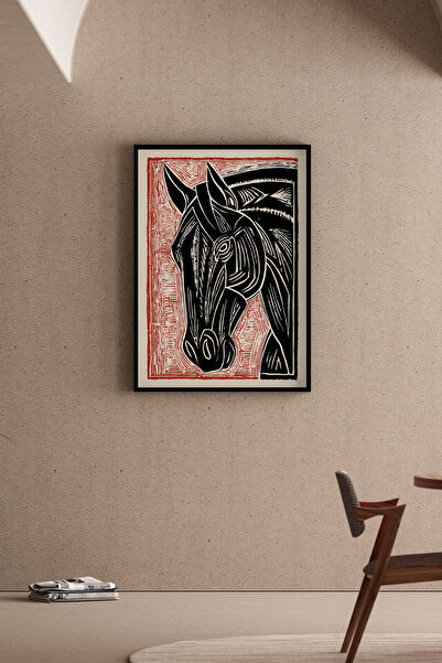 Artiera Εικόνα Μαύρου Αλόγου σε Στυλ Εκτύπωσης Λινολ, Διακοσμητικό Σαλόνι - Ζ...