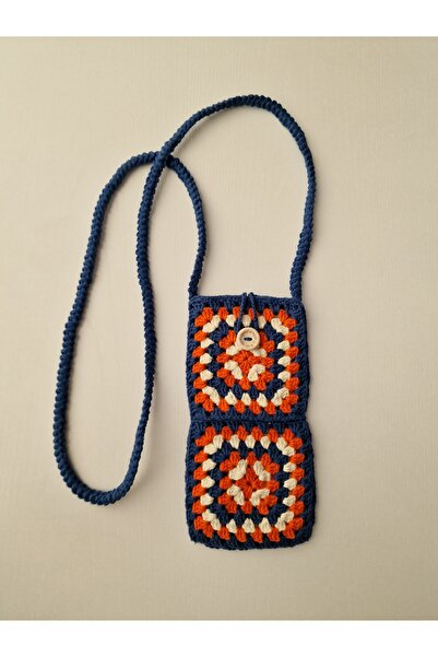 Hobi Kafe Navy Blue Hand Knitted Motif Phone Bag