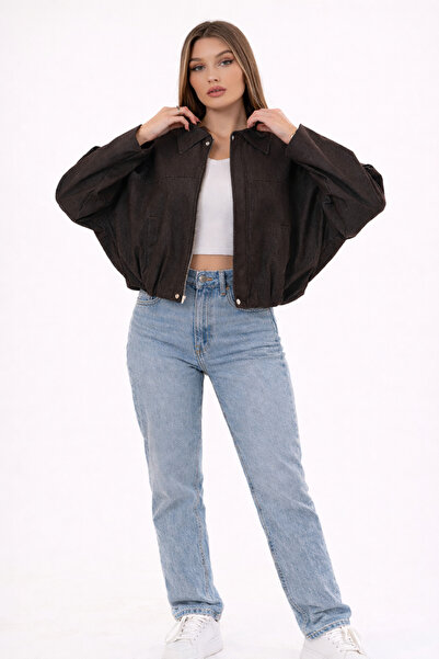 BYSTİLMAN KADIN KAHVERENGİ BOMBER KISA OVERSİZE CEKET