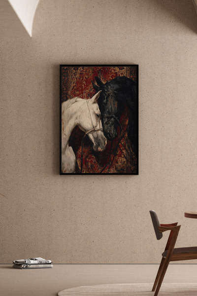 Artiera Geleneksel Bordo Halı At Resmi, Etnik Dekoratif Salon - Ahşap Çerçeve...