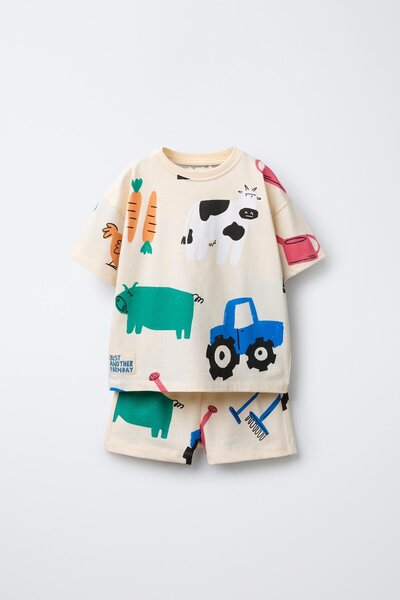 Magu Unisex Kids' Cotton Cream Farm Pattern T-Shirt Shorts Set - Fun Summer Set