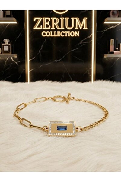 ZERİUM Blue Baguette Stone Interlocking Steel Bracelet Rectangular Design
