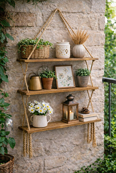 Grootland Wooden Rope Shelf Decorative Rope Shelf Bookshelf Rope Wall Decoration