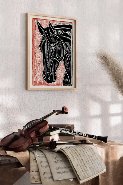 Artiera Εικόνα Μαύρου Αλόγου σε Στυλ Εκτύπωσης Λινολ, Διακοσμητικό Σαλόνι - Ζ...