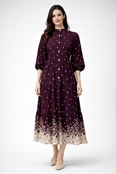 HİRA LİFE FASHİON Women's Full Button Front Crew Neck Floral Dress Valor