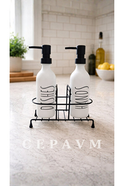 CepAvm WHİTE 2’li CAM Mutfak Sıvı Sabunluk Seti – Metal Standlı Dishes & Hand...